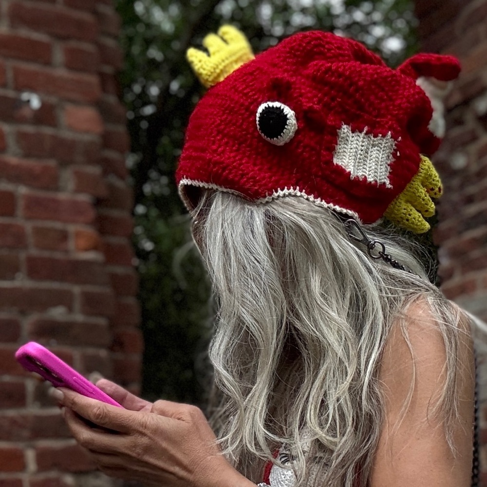 . Unisex Crochet Hat Bag – Red & White with Chain
